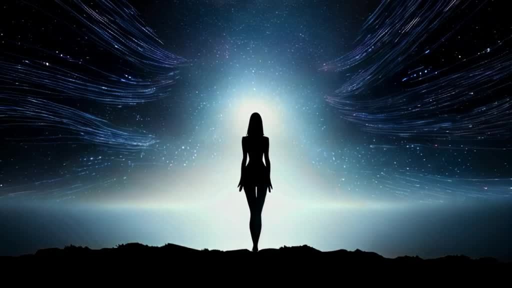地平线上有一个女性轮廓，其背后是带有星点和数据流的