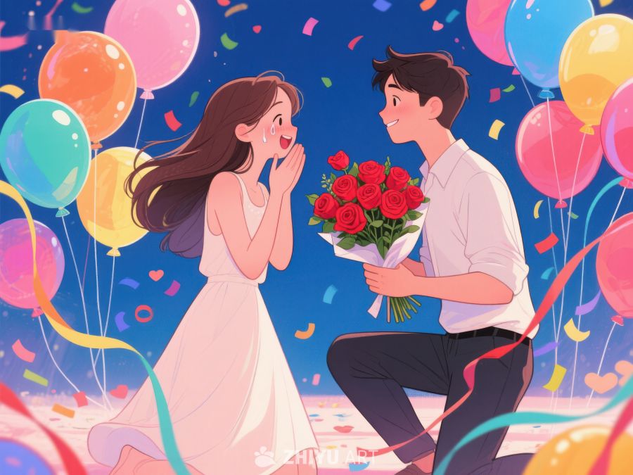 浪漫求婚场景，男子献花女子惊喜 416