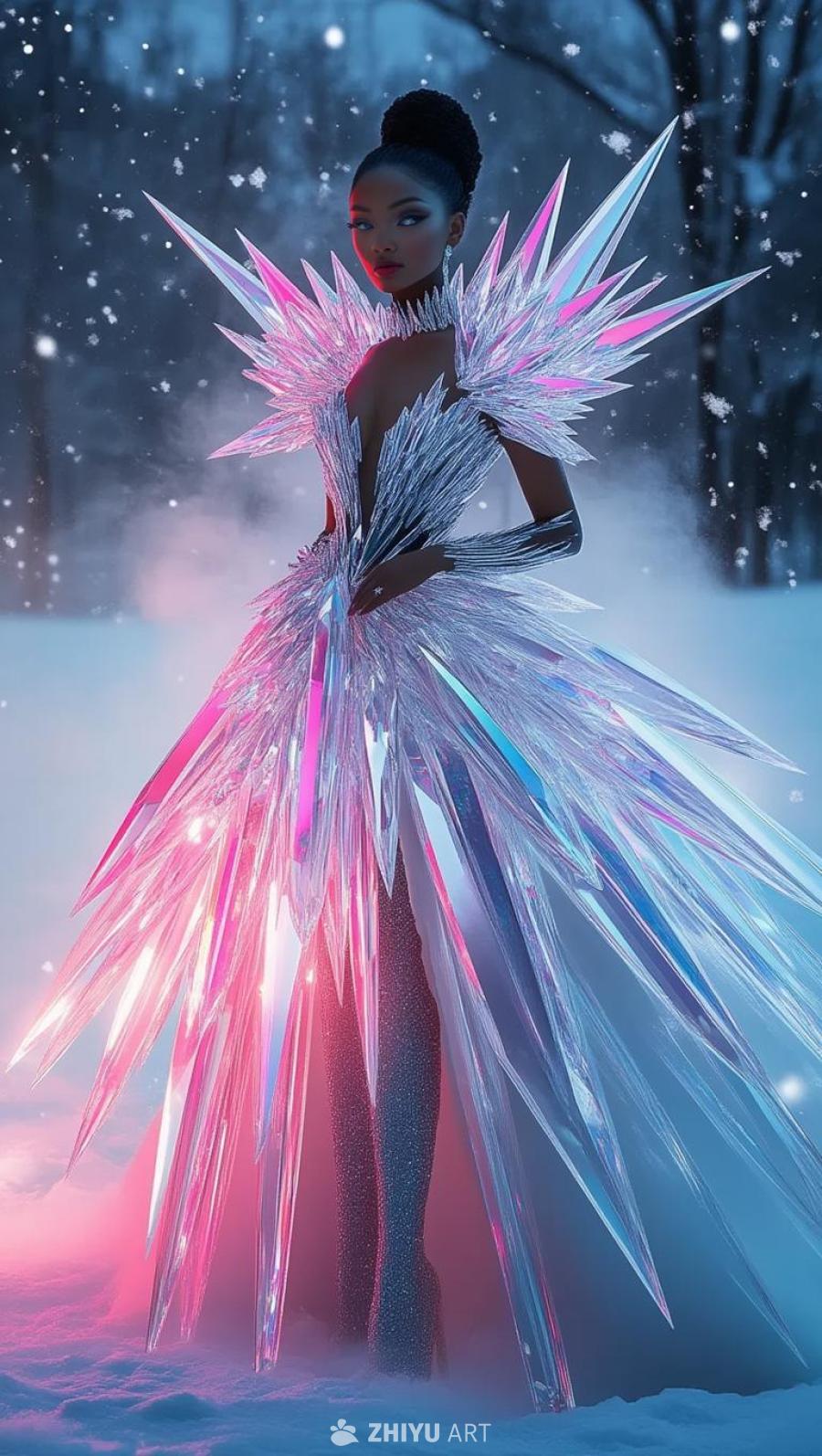 一位未来感的女性站在超现实的雪景中，身穿一件由巨大