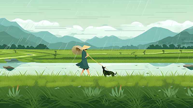 妇女站在稻田与狗，绿色插画风格 5