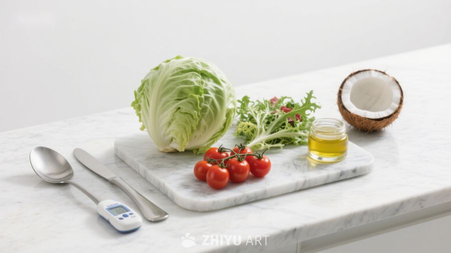 新鲜蔬菜与椰子油摆拍