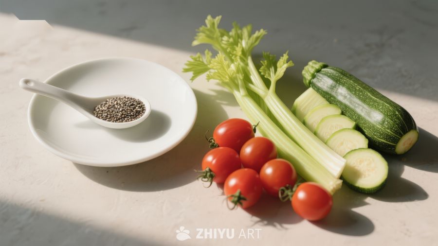 新鲜蔬菜与香料静物摆拍