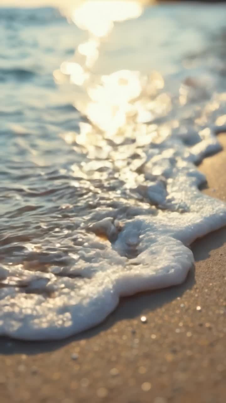 阳光照耀下的波浪轻轻拍打着海岸。镜头沿着海岸线缓慢