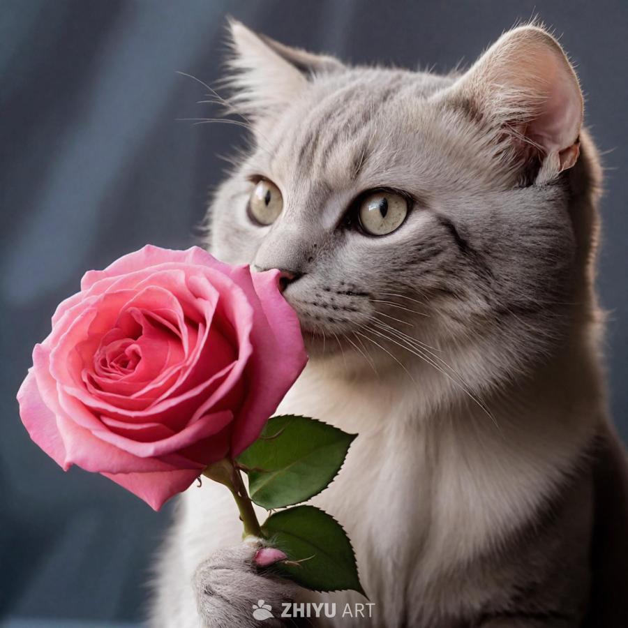 一只浅灰色的猫，它的鼻子附近有一朵粉色的玫瑰。猫用
