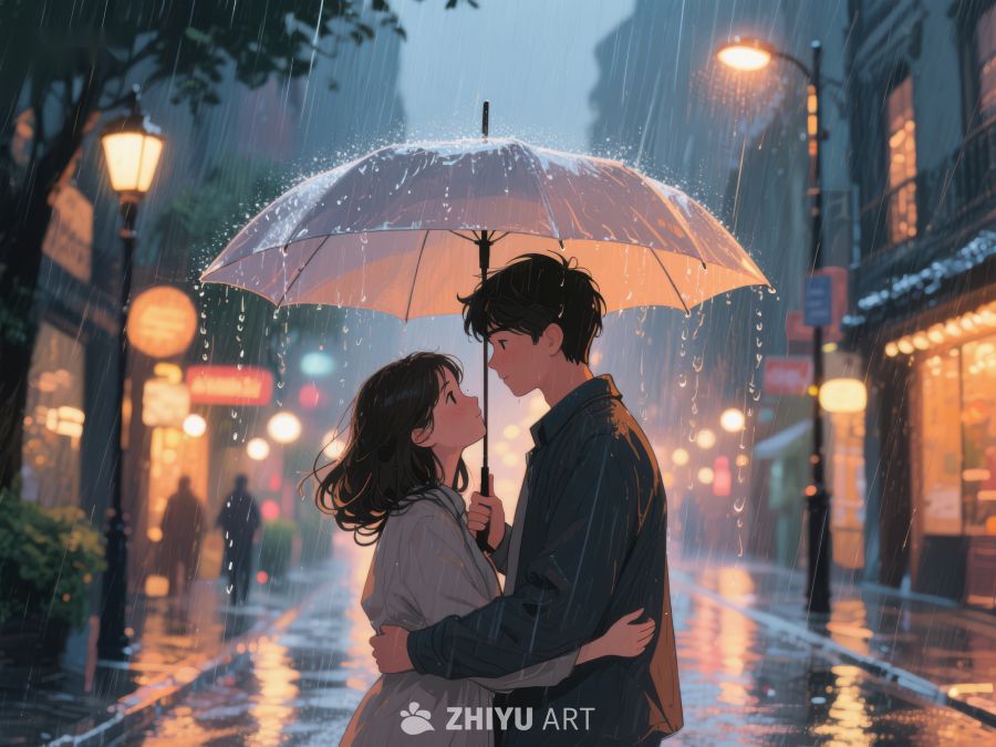 雨中情侣共撑伞温馨相拥 1170