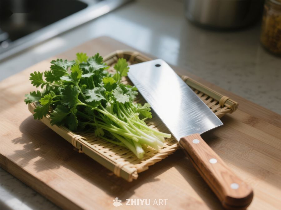 香菜与刀具置于竹篮和砧板上 371