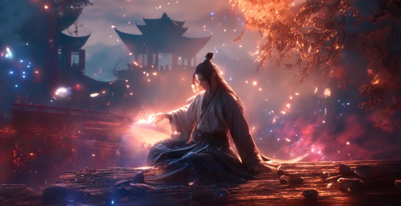 夜空红霞古风建筑术士聚气凝神