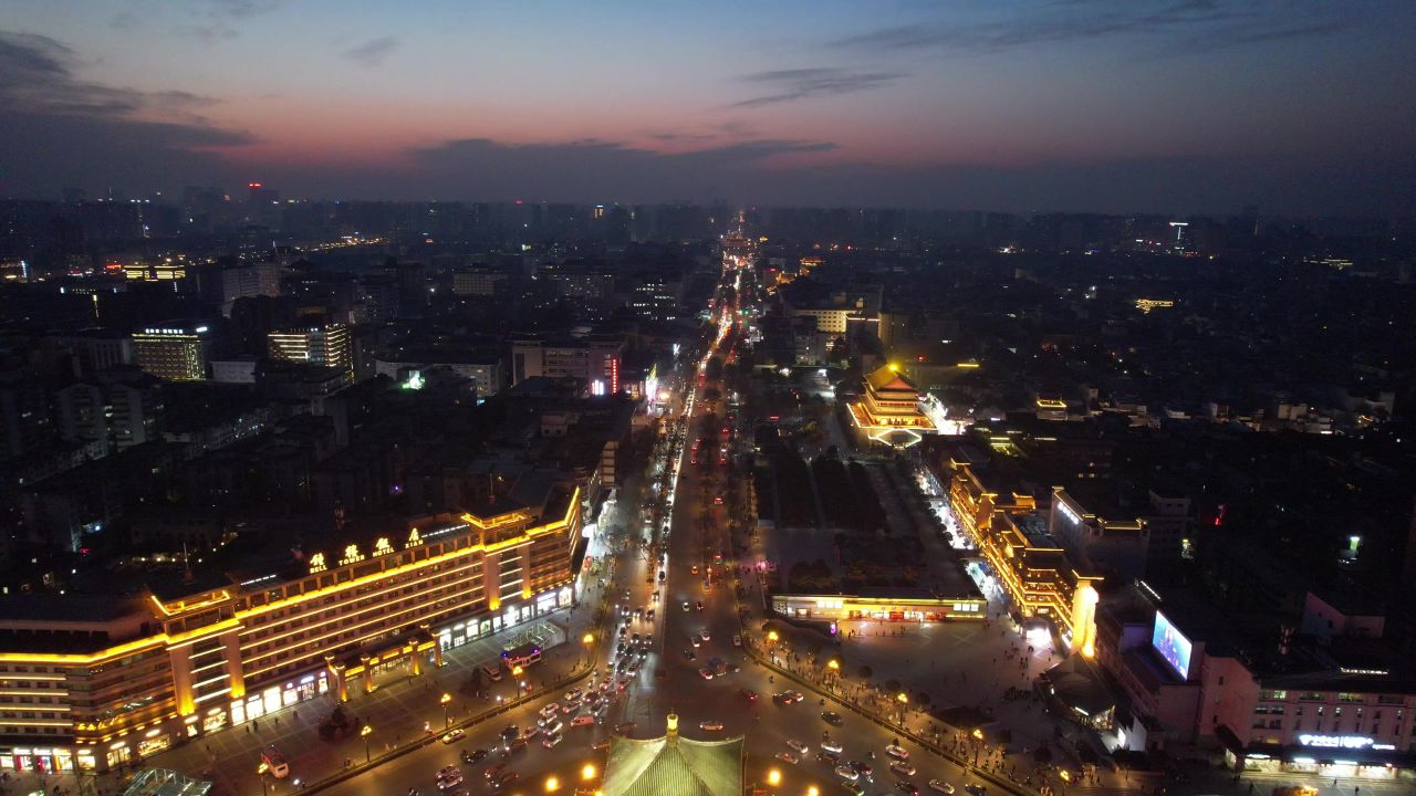 陕西西安钟楼夜景航拍