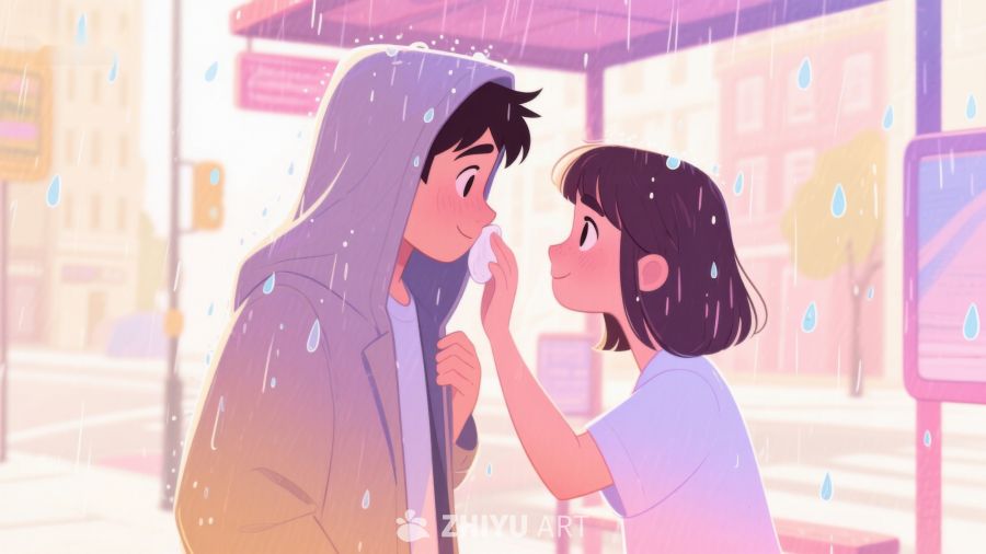 雨中温馨一刻：女孩为男孩擦拭雨水 688