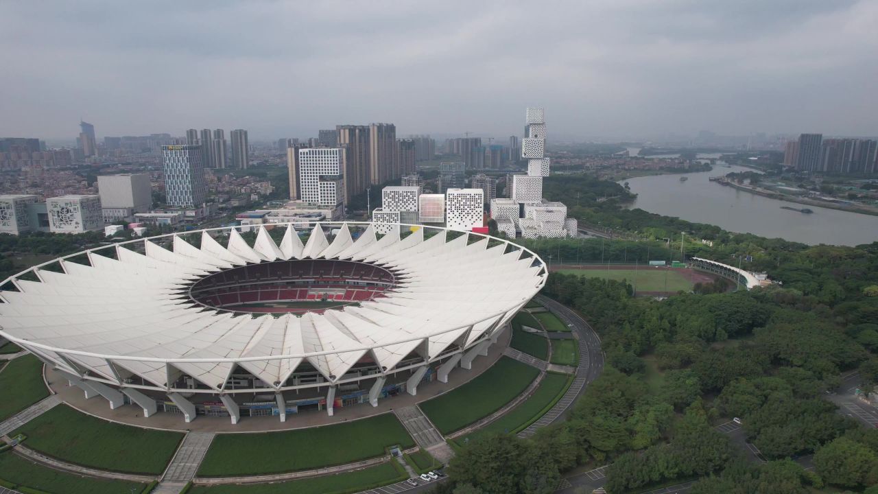 广东佛山世纪莲地标建筑航拍 