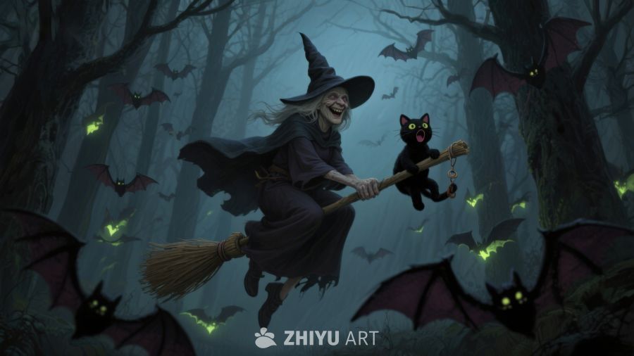 巫师夜行：骑扫帚的女巫与黑猫