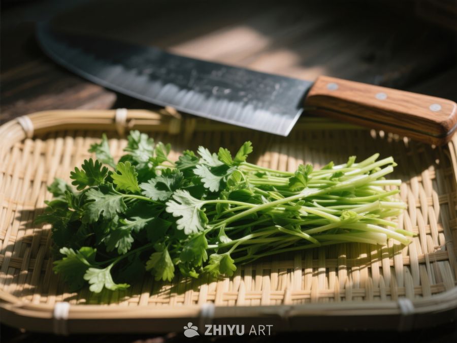 新鲜香菜与厨刀置于竹篮 547