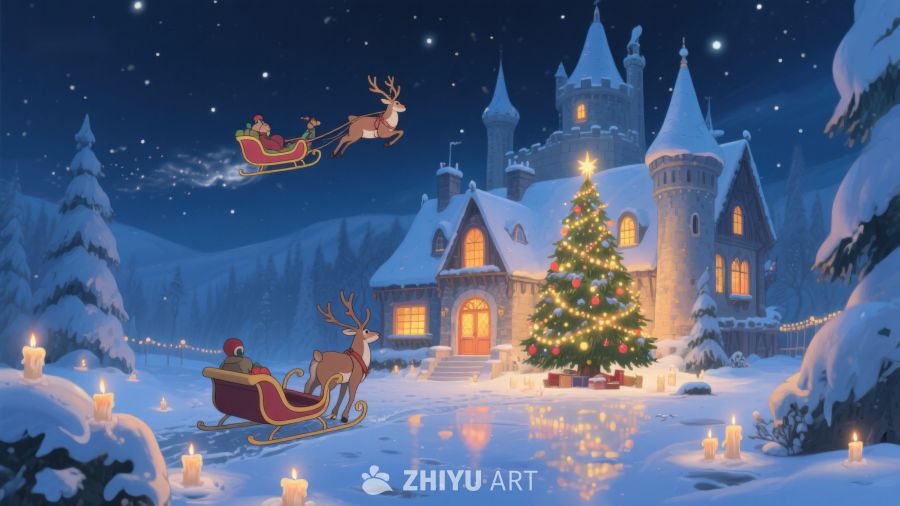 圣诞夜雪景中的城堡与驯鹿雪橇 234