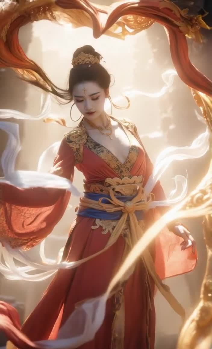 一位身着红色长袍的女子，长袍上装饰着金色图案，腰间