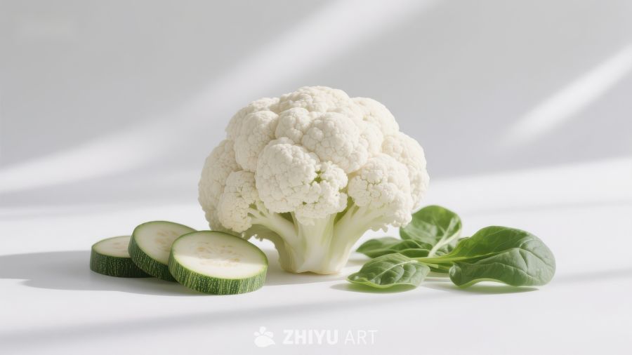 新鲜花椰菜与黄瓜片的静物组合
