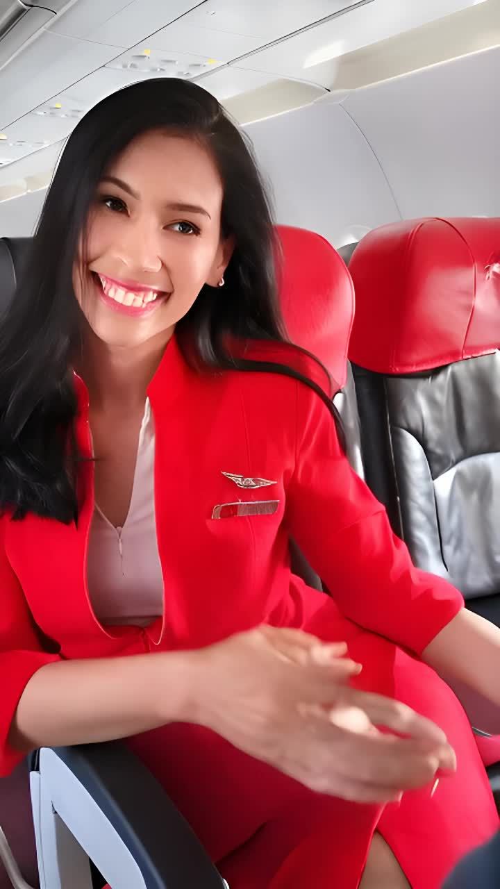一个穿着红色外套的女人坐在椅子上，她的头发是黑色的