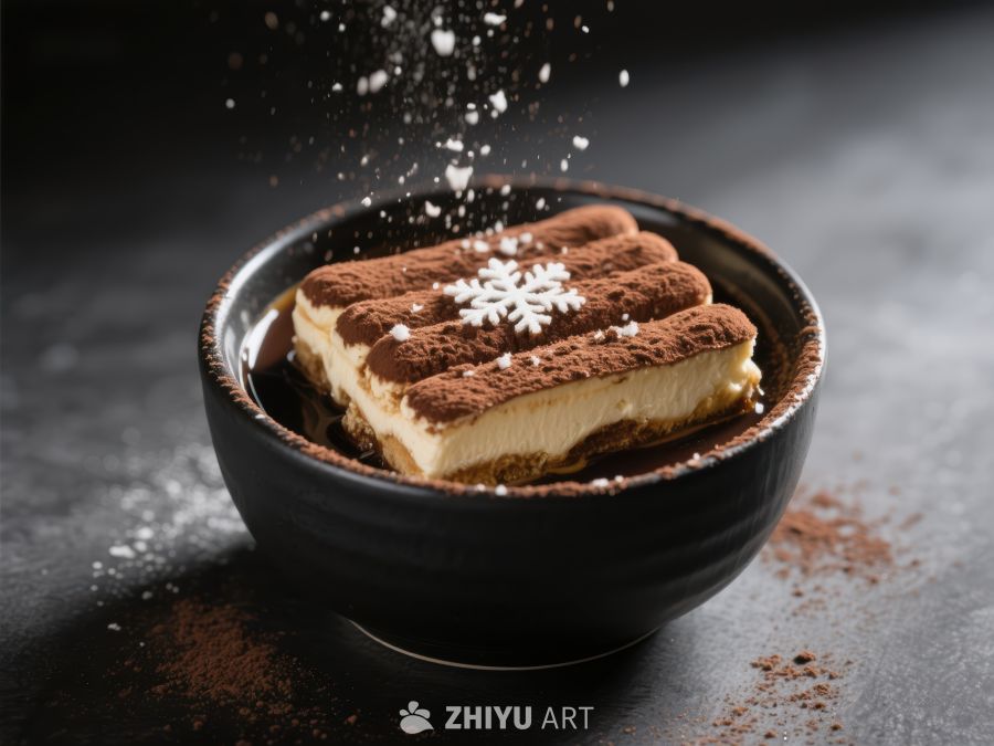 提拉米苏甜点，撒上可可粉与糖霜