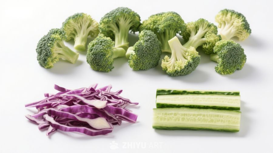 新鲜蔬菜：西兰花、紫甘蓝和黄瓜