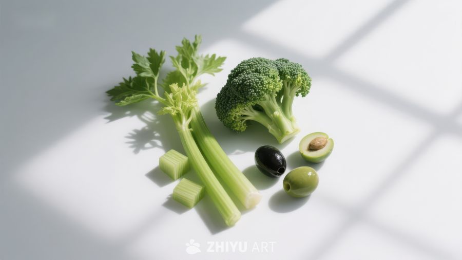 新鲜绿色蔬菜与果实的静物组合