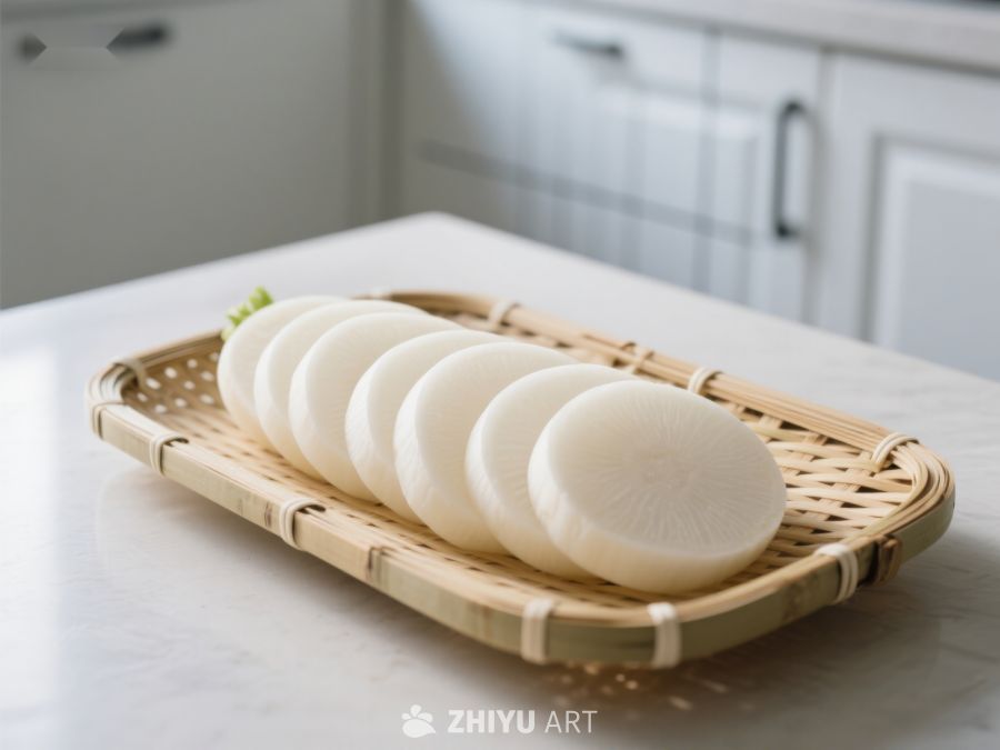 切片白萝卜置于竹编托盘 289