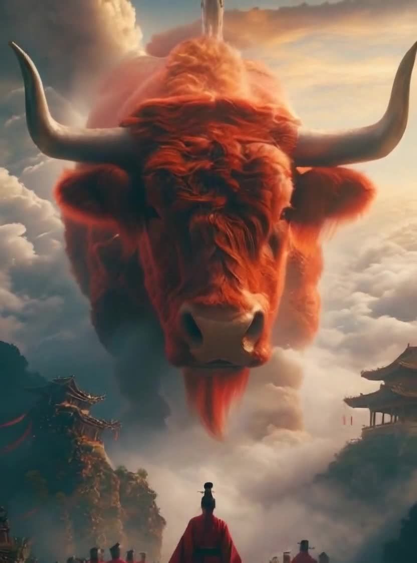 云层中的巨牛，古风建筑与红衣人仰望天空