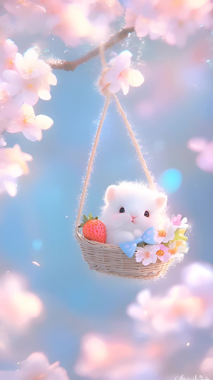 一个白色的毛绒兔子坐在一个编织的篮子里，它微微倾斜