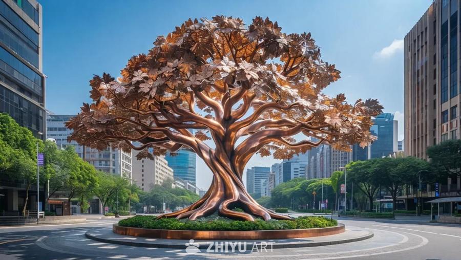 一个雄伟的铜树雕像庄严地矗立在一个繁华的街道环岛的