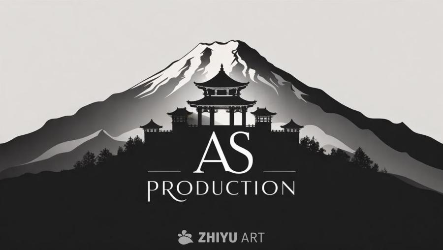 一个黑白色的徽标，背景中有一座山和一座寺庙的轮廓。