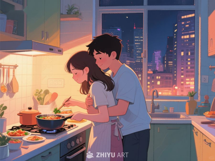 厨房温馨夜景，情侣共煮晚餐 62