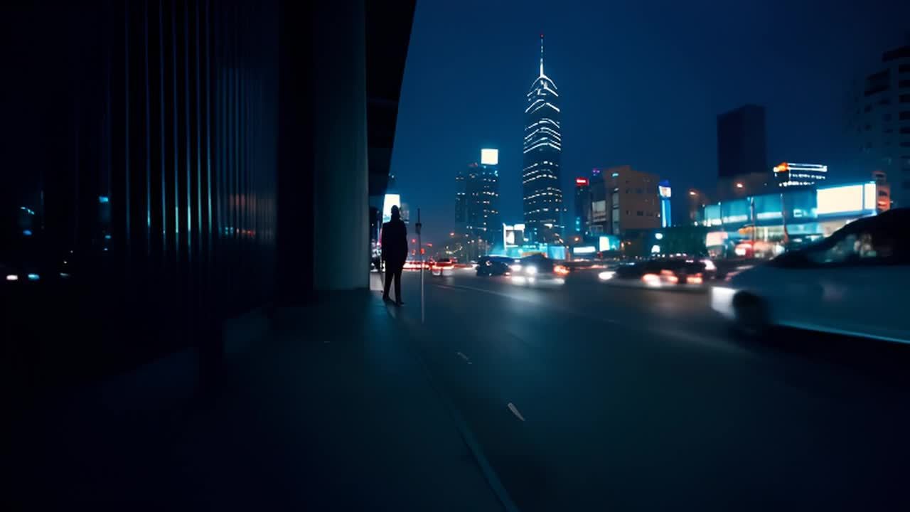夜间城市，霓虹灯闪烁，远处车流穿梭。一个人影独自走