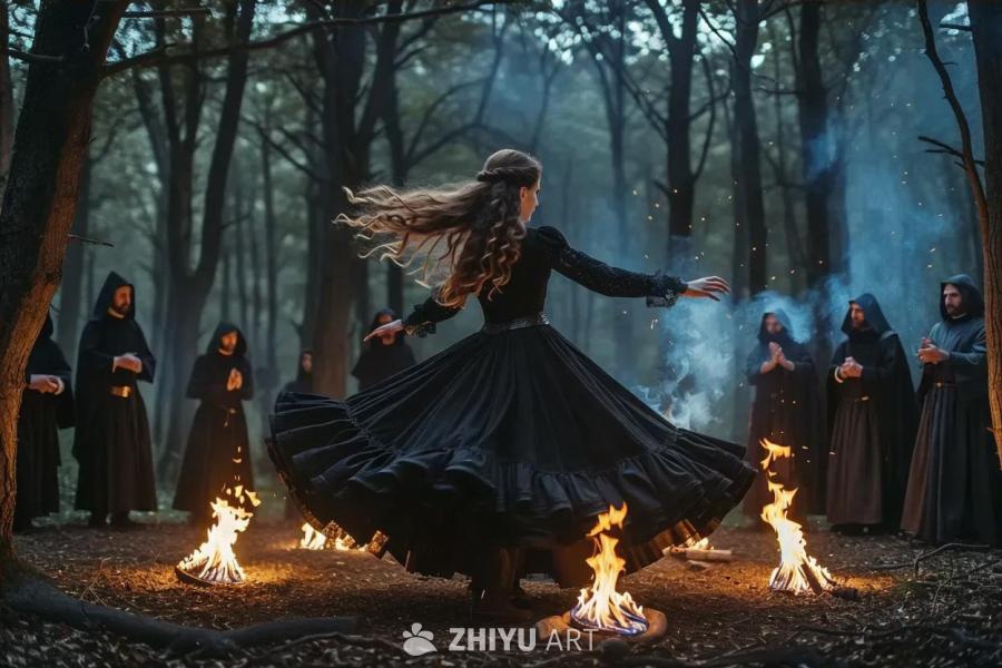 夜间的森林场景中，一位穿着黑色长裙的中世纪女性正在