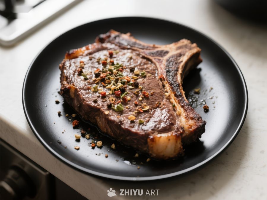 煎制完美的牛排，撒上香料