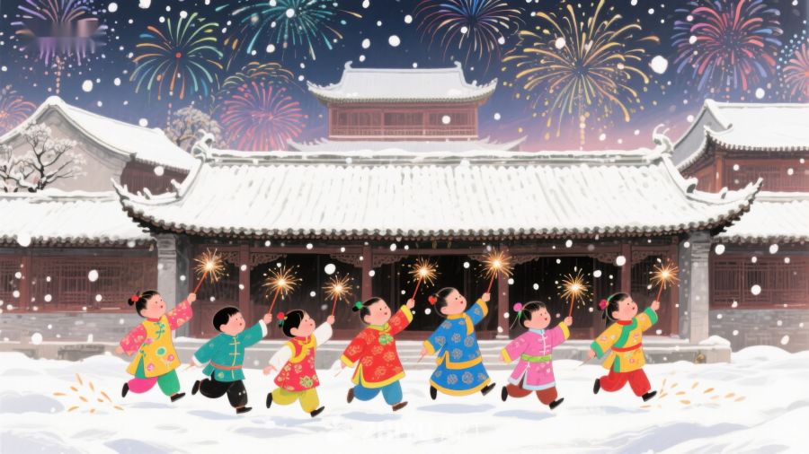 雪夜欢庆，孩童提灯迎新年 1083