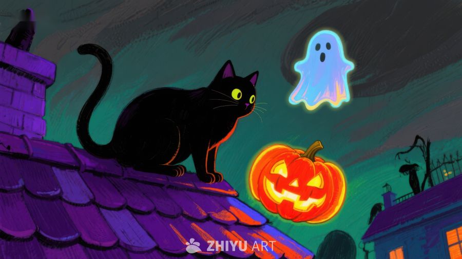 屋顶上的黑猫与南瓜灯