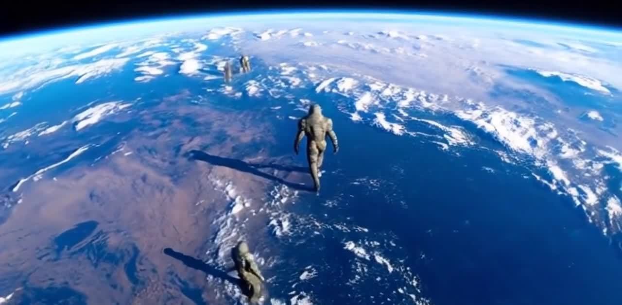 外星人在地球行走，高空视角俯瞰大地