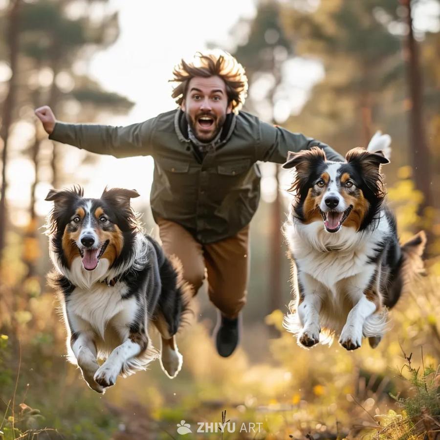 一个男人在户外与三只边境牧羊犬玩耍时开始漂浮在空中