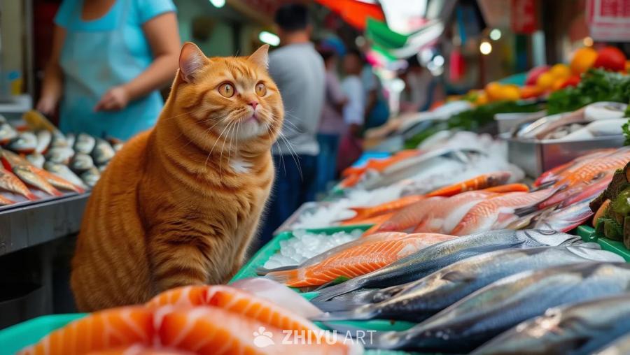 一只橙色胖猫站在鱼市场摊位外。它的眼睛睁得大大的，