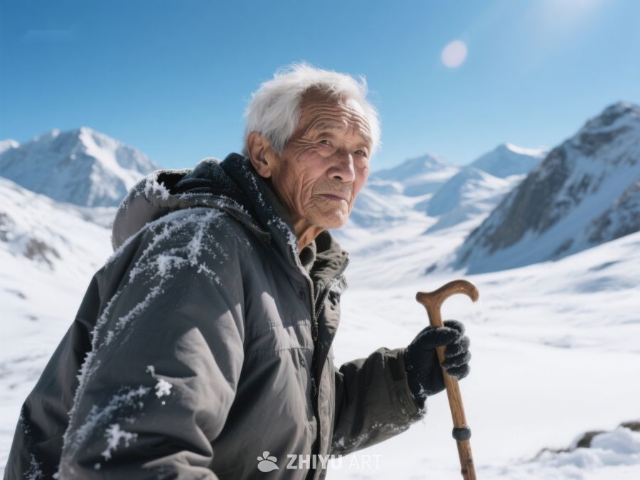 雪地中的老人手持拐杖 862