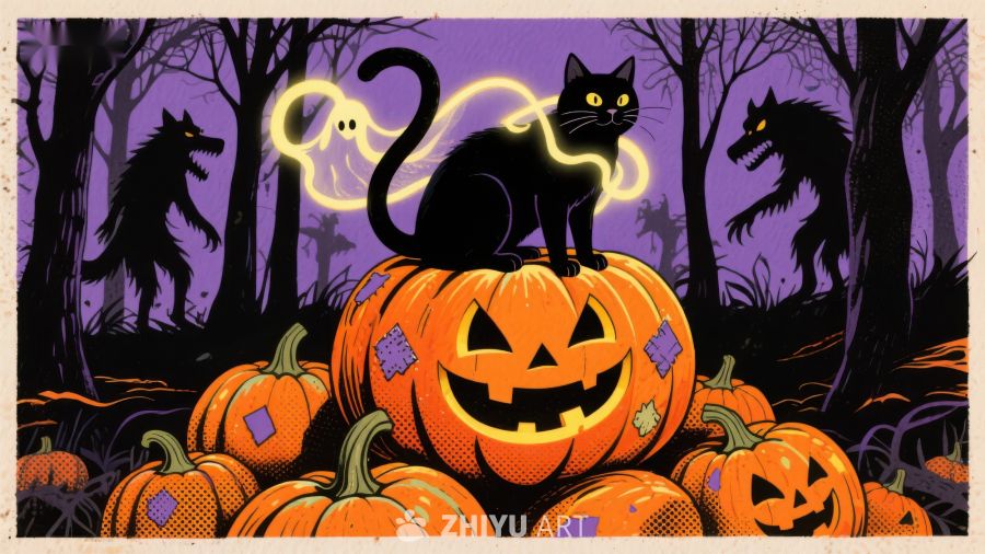 万圣节南瓜灯与黑猫幽灵