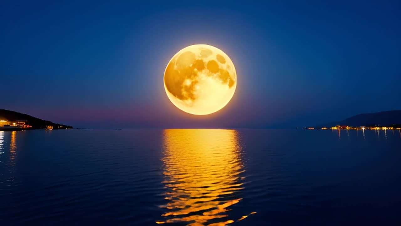夜晚一轮明亮的黄色满月