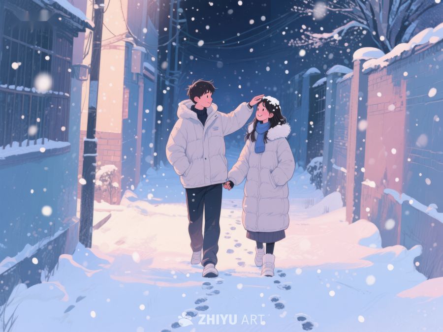 冬日雪景中牵手的两人 106