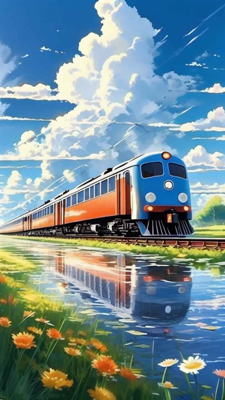 一辆火车在春天里行驶