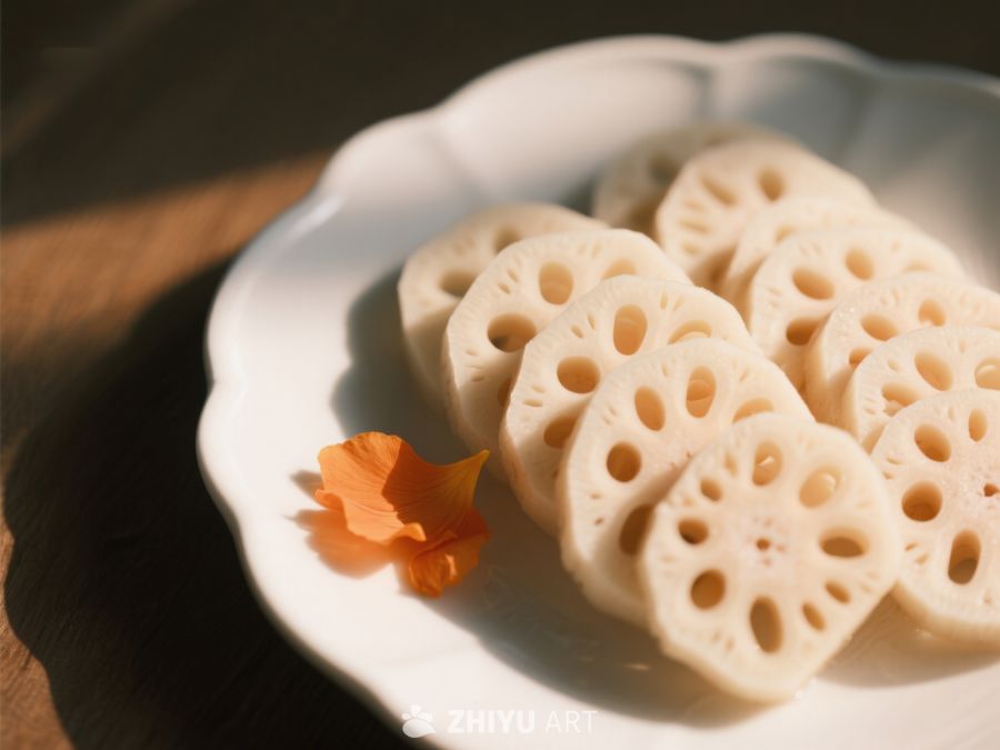 莲藕切片盘中摆放，橙花点缀 238