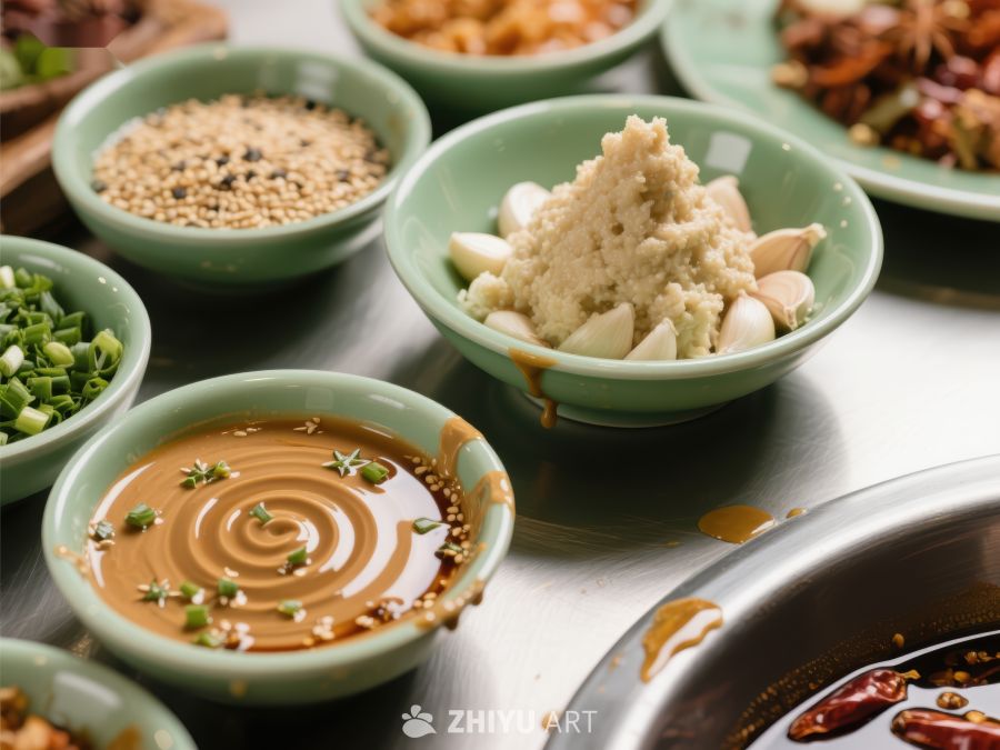 多样调味料与火锅底料的精致摆盘 79