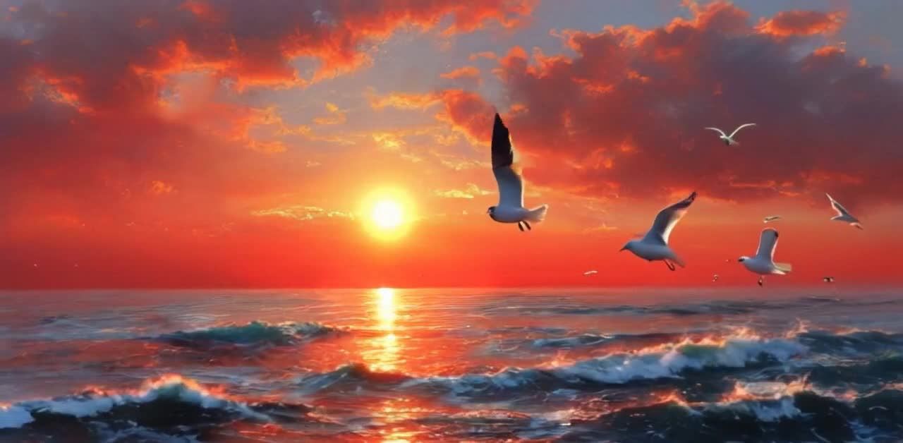 落日海面与翱翔海鸥：宁静而壮丽的景象