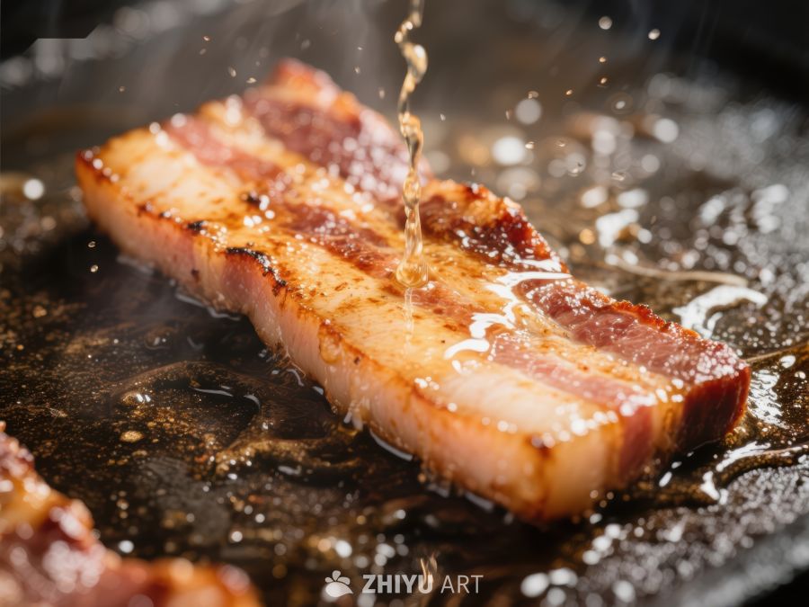 煎锅中的培根滋滋作响