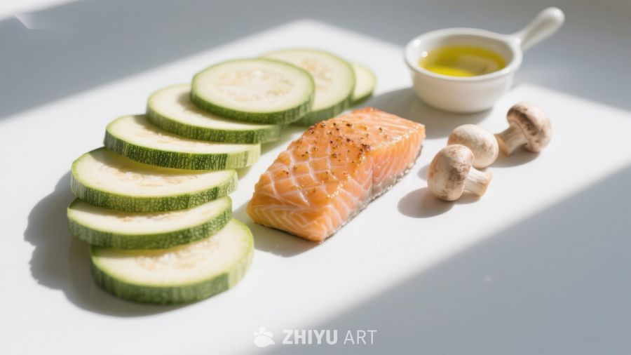 三文鱼与蔬菜食材摆盘