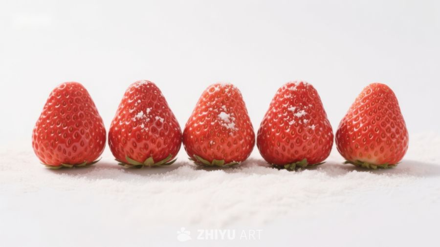五颗草莓排成一列，表面撒有糖粉