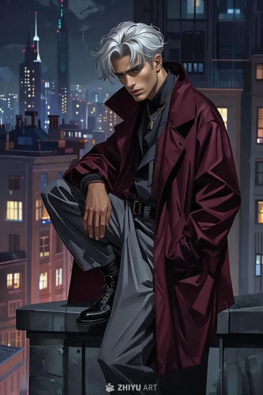一个穿着盗贼风格服装的男人，蹲坐在屋顶上，背景是夜