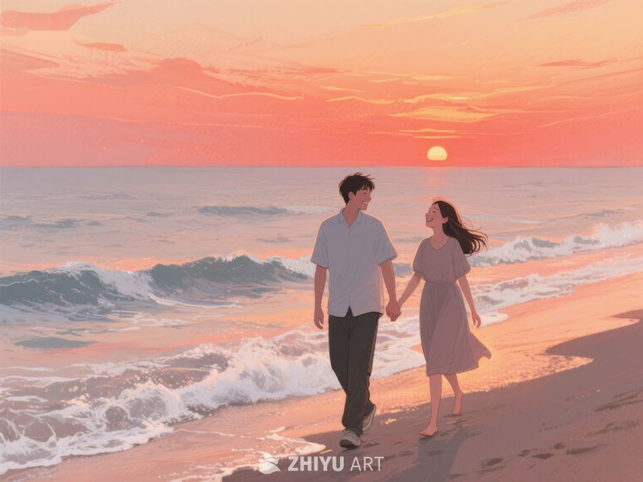 海边日落，情侣牵手漫步 202